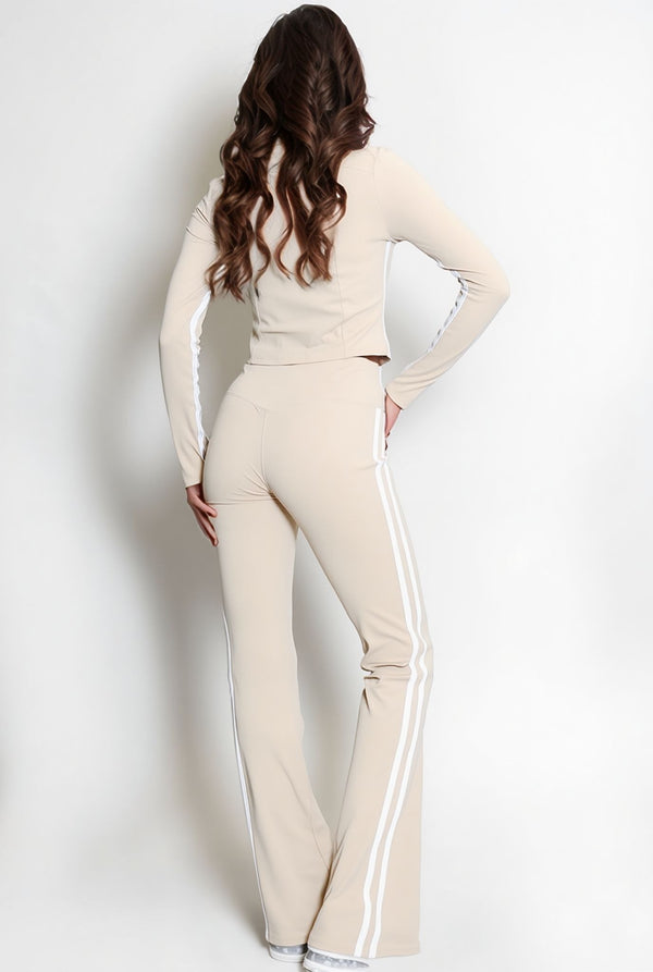 Beige Side Stripe Zip Jacket & Flare Leg Contour Gym Set