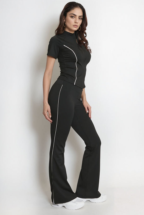 Black Contour Seam Detail Zip Top & Flares Gym Set