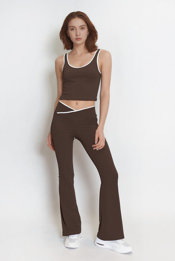 Chocolate Brown Seam Detail Top & Flares Sculpt Gym Set