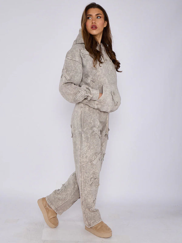 Dove Grey Front & Back Cross Acid Wash Hooded Fleece Loungewear Co-ord Set