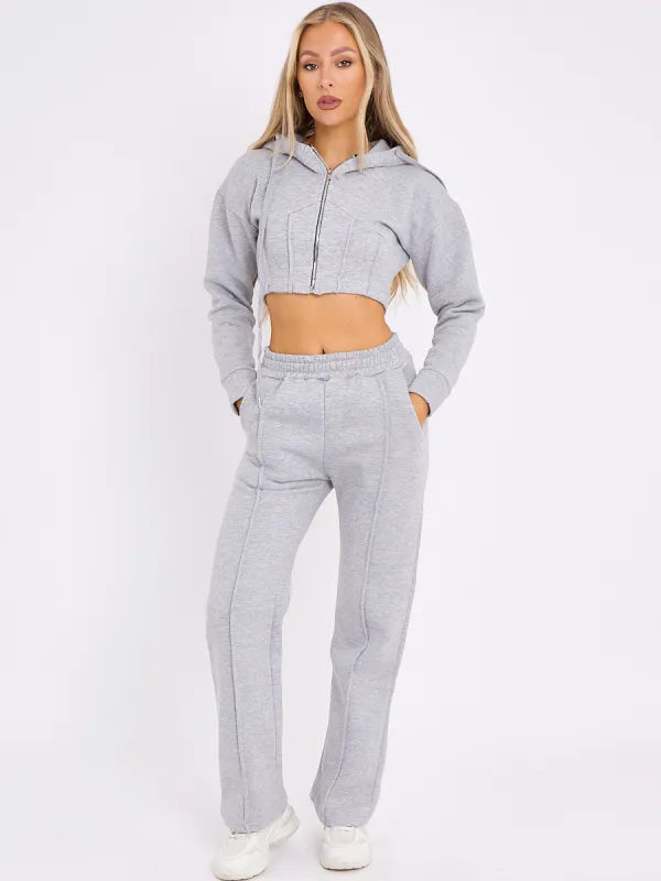 Grey Zip Up Cropped Hoodie Wide Leg Joggers Loungewear Set FavouriteFashions.ie