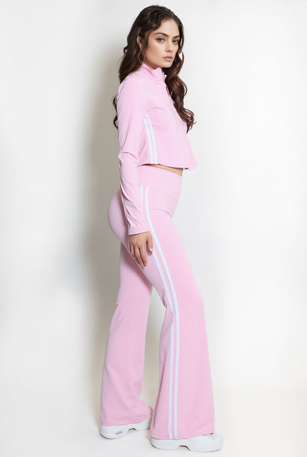 Pink Side Stripe Zip Jacket & Flare Leg Contour Gym Set