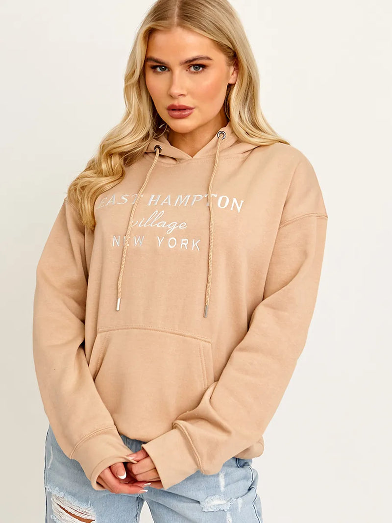 Beige Embroidered East Hampton Oversized Hoodie FavouriteFashions.ie