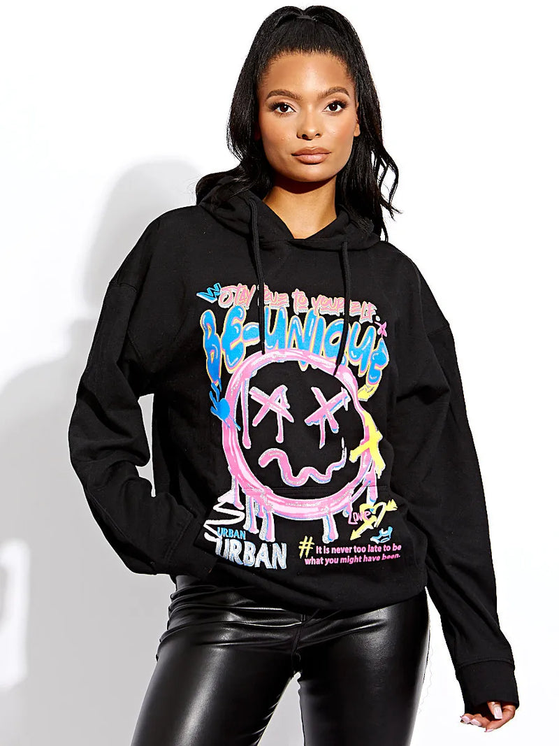 Black Be Unique Graphic Print Oversized Hoodie