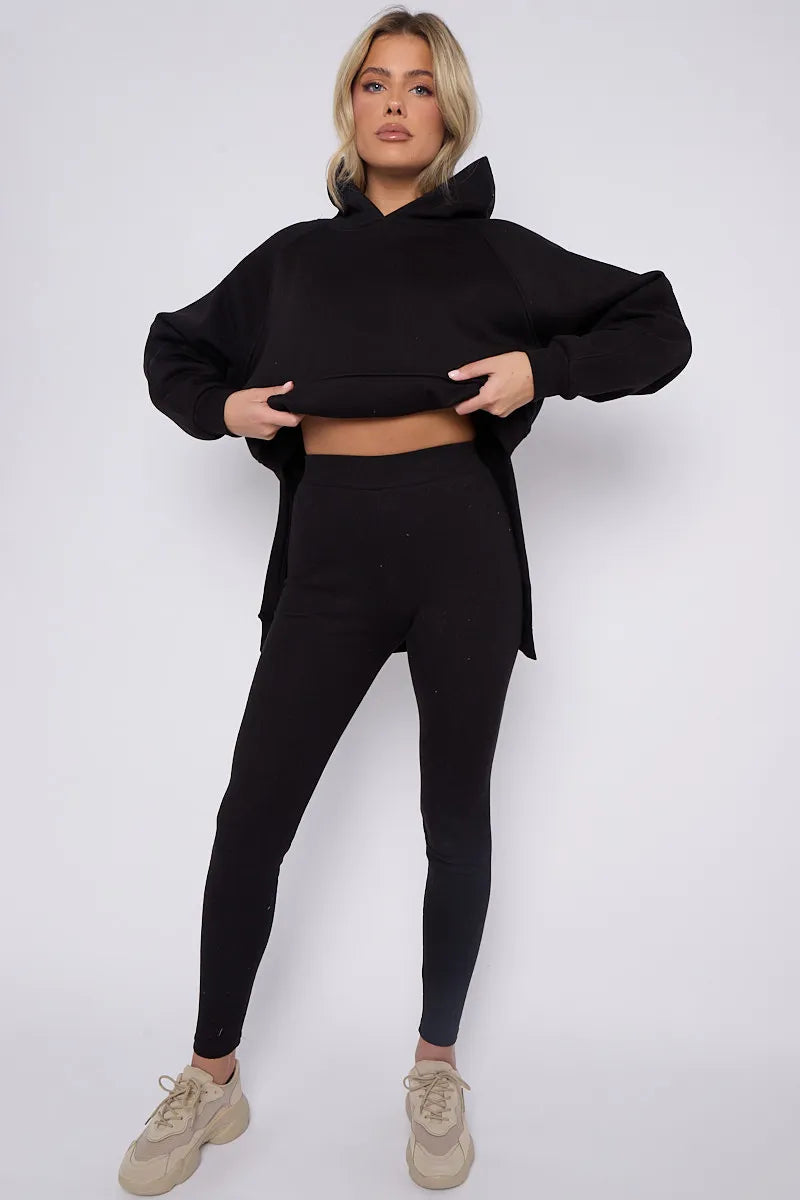 Black Oversized Side Slit Hoodie Ribbed Leggings Loungewear Set FavouriteFashions.ie
