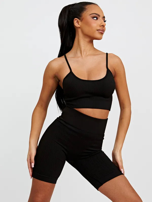 Black Seamless Ribbed Padded Bralet Cycling Shorts Co ord Set