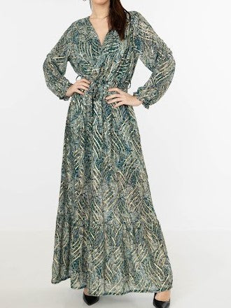 Green Gold Detail Wrap Front Long Sleeves Maxi Dress FavouriteFashions.ie