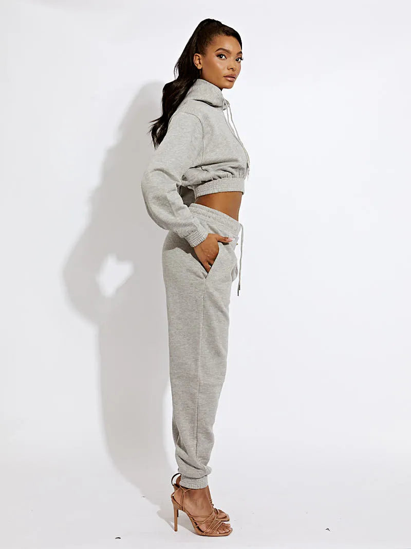 Grey Cropped Hoodie Jogger Fleece Loungewear Co ord