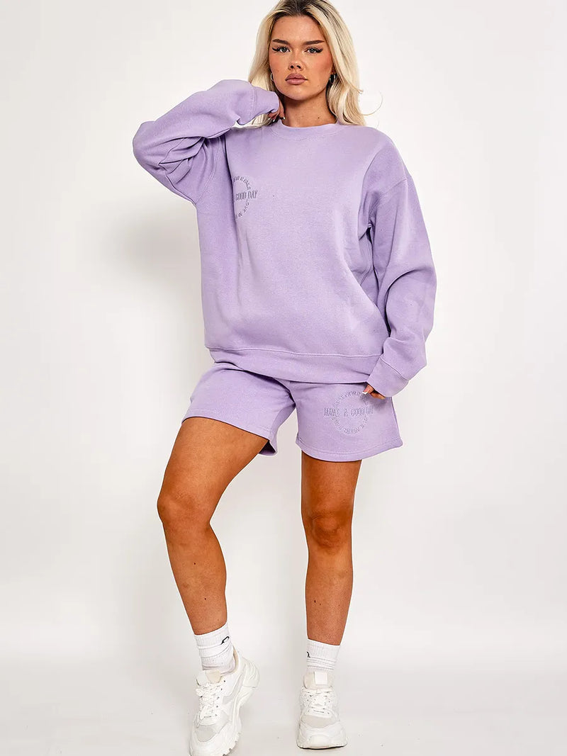 Lilac Purple Embroidered Good Day Sweatshirt Shorts Co ord Set