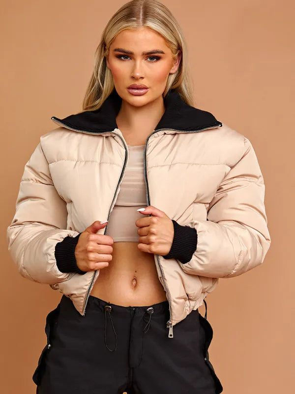Stone Rib Collar Detail Cropped Puffer Jacket FavouriteFashions.ie