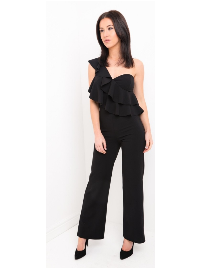 Black One Shoulder Frill Jumpsuit –