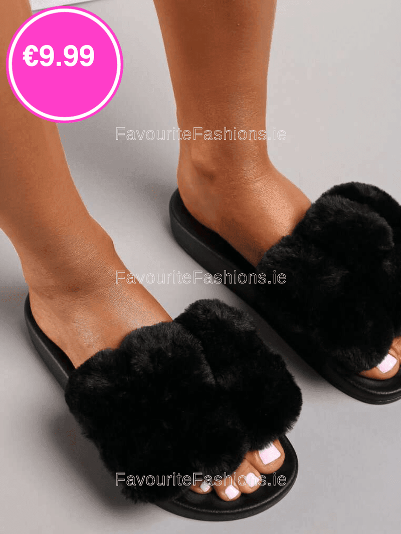 Black Chunky Platform Fur Fluffy Sliders FavouriteFashions.ie