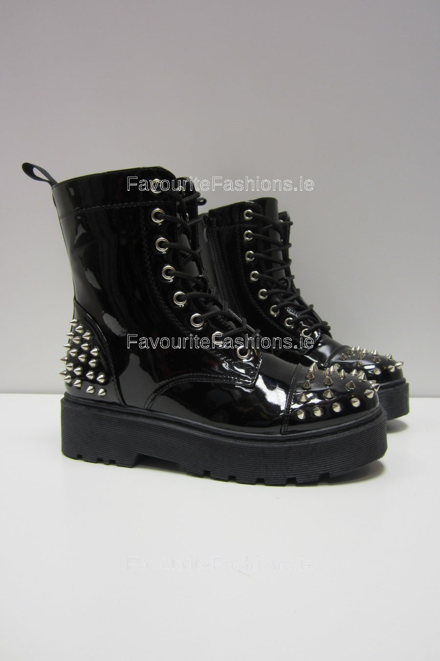 Black Spike Patent Platform Laced Up Boots FavouriteFashions.ie