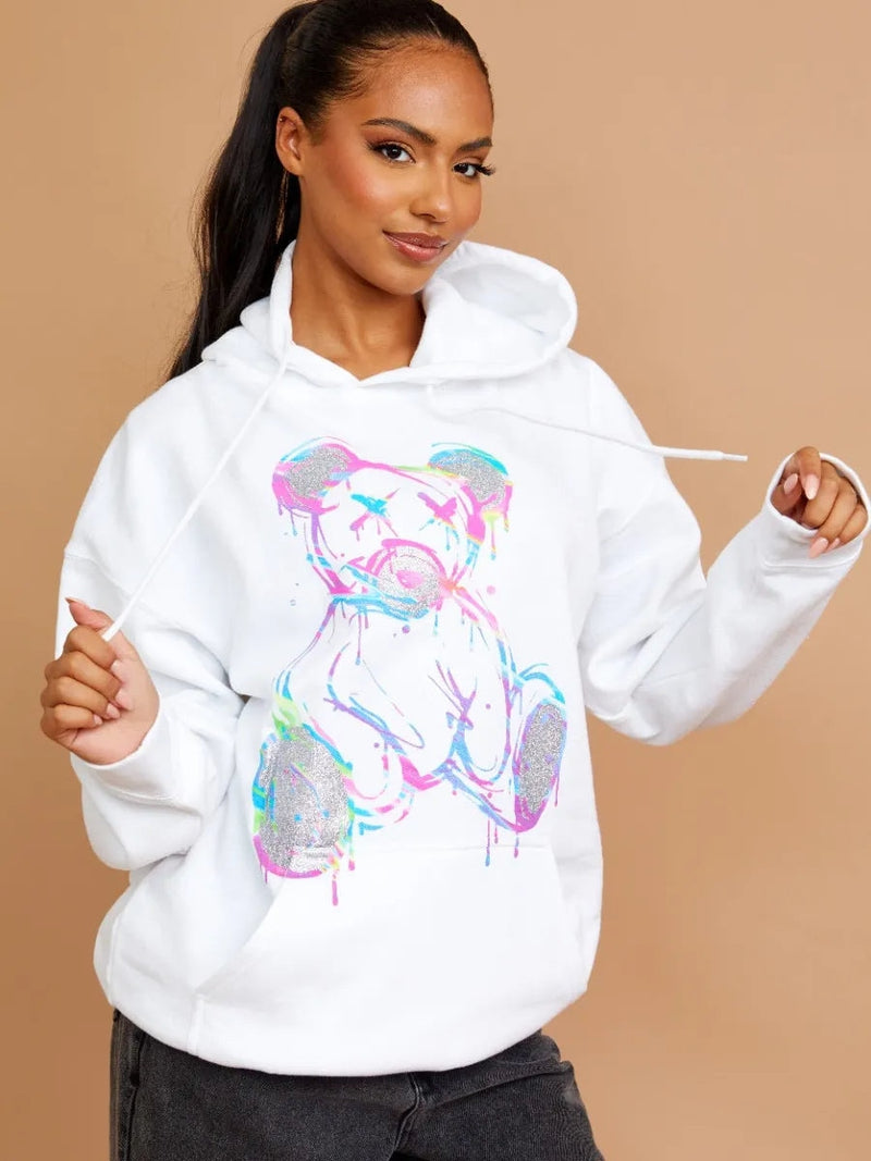 White Multicolour Teddy Bear Graphic Print Hoodie – FavouriteFashions.ie
