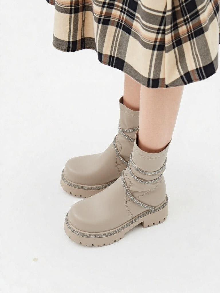Beige Chunky Platform Ankle Boots with Rhinestone Detail - Stylish & Comfortable!