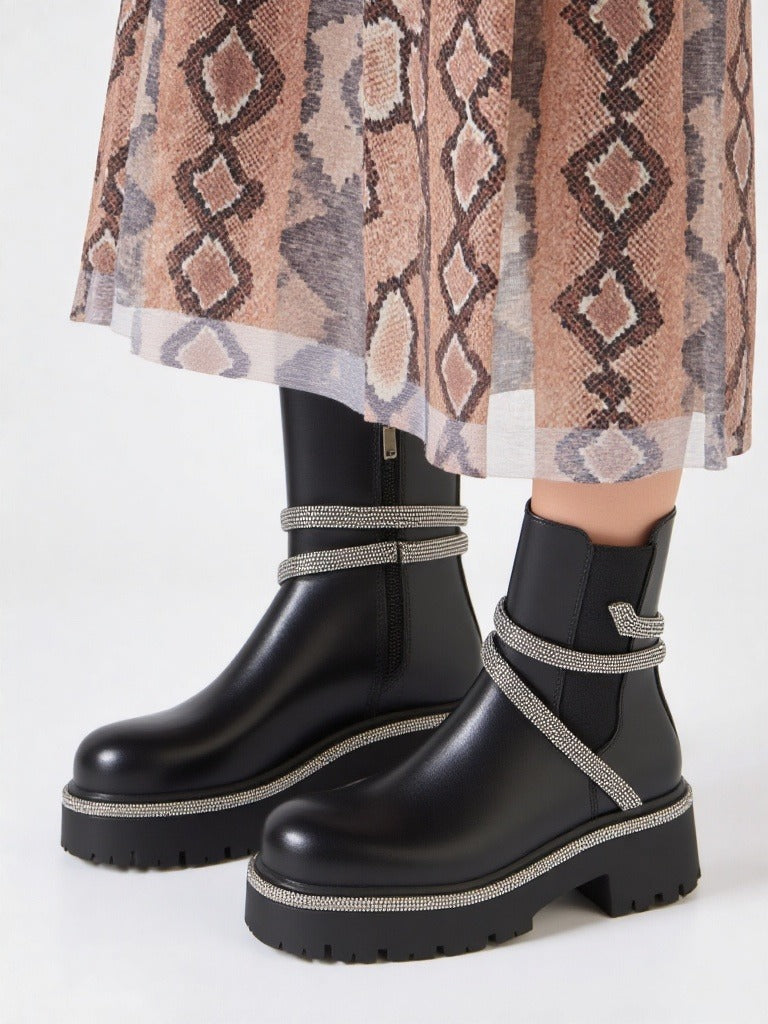 Black Ankle Boots with Rhinestone Wrap Detail