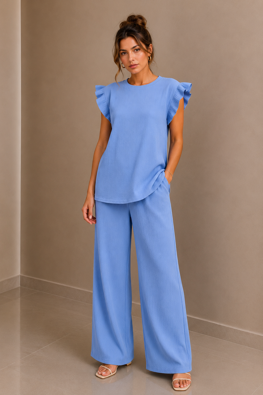Baby Blue Textured Frill Sleeve Co-Ord Set Wide Leg Trousers Two Piece Outfit