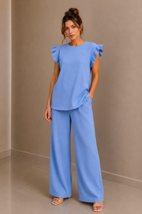 Baby Blue Textured Frill Sleeve Co-Ord Set Wide Leg Trousers Two Piece Outfit