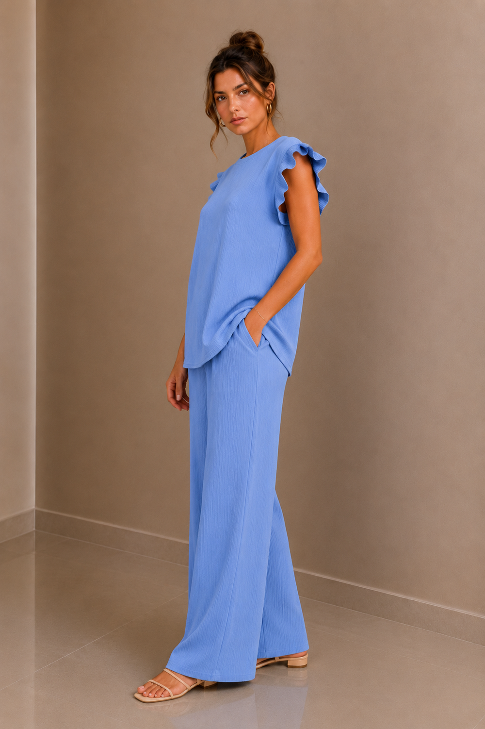 Baby Blue Textured Frill Sleeve Co-Ord Set Wide Leg Trousers Two Piece Outfit