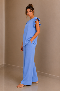 Baby Blue Textured Frill Sleeve Co-Ord Set Wide Leg Trousers Two Piece Outfit