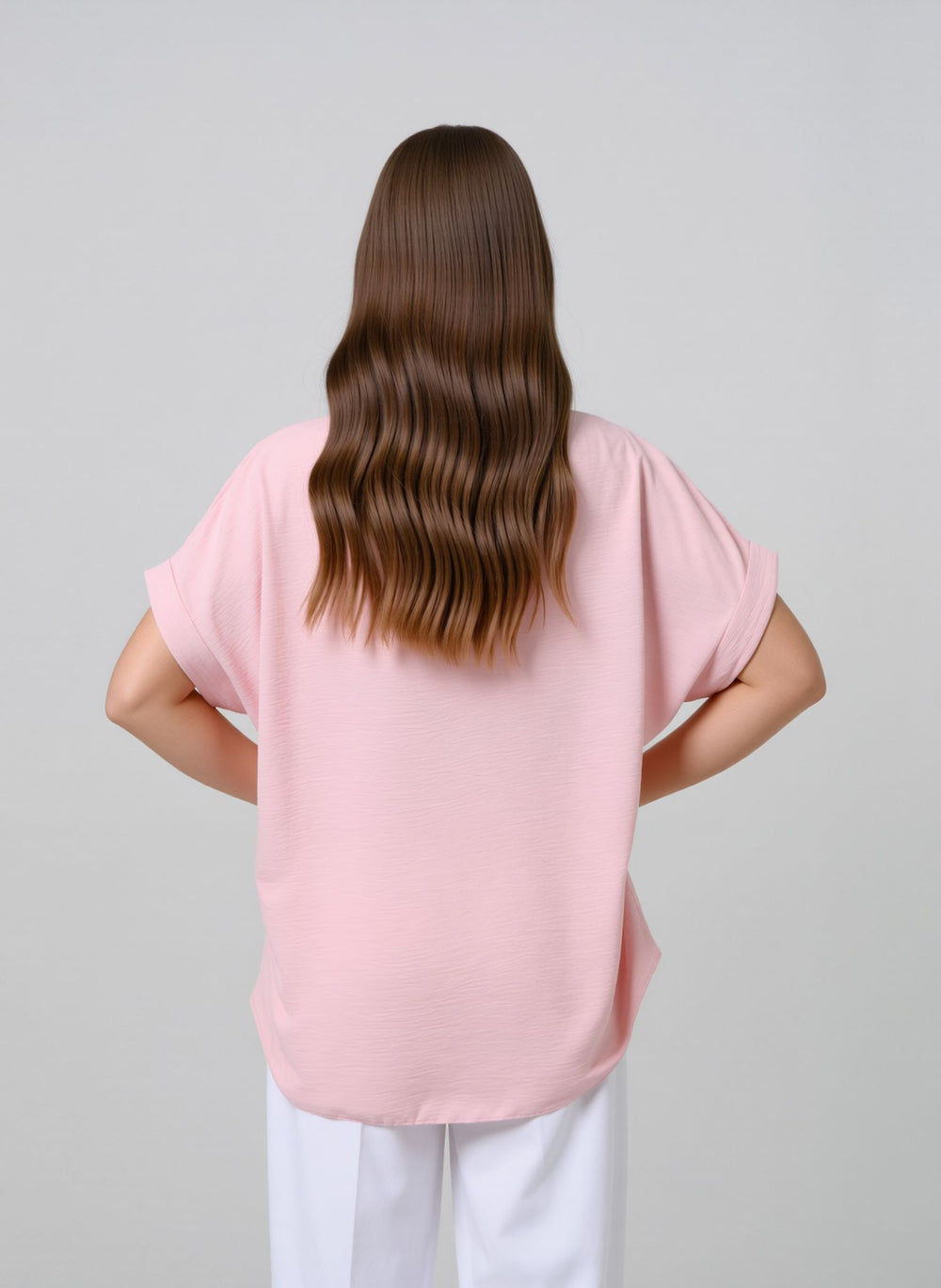 Baby Pink V-Neck Batwing Sleeve Textured Blouse Casual Loose Fit Top with Necklace