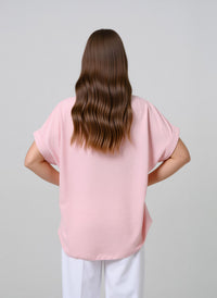 Baby Pink V-Neck Batwing Sleeve Textured Blouse Casual Loose Fit Top with Necklace