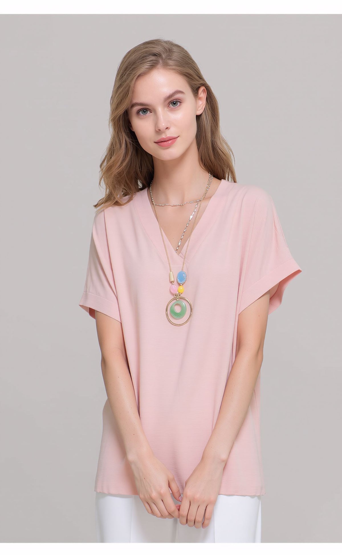 Baby Pink V-Neck Batwing Sleeve Textured Blouse Casual Loose Fit Top with Necklace