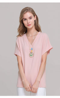 Baby Pink V-Neck Batwing Sleeve Textured Blouse Casual Loose Fit Top with Necklace