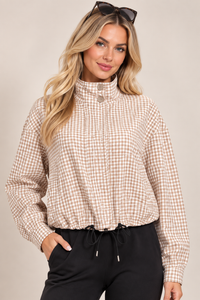 Beige Check High Neck Button Drawstring Lightweight Casual Jacket