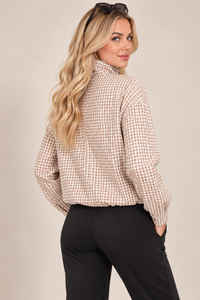 Beige Check High Neck Button Drawstring Lightweight Casual Jacket