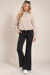 Beige Check High Neck Button Drawstring Lightweight Casual Jacket