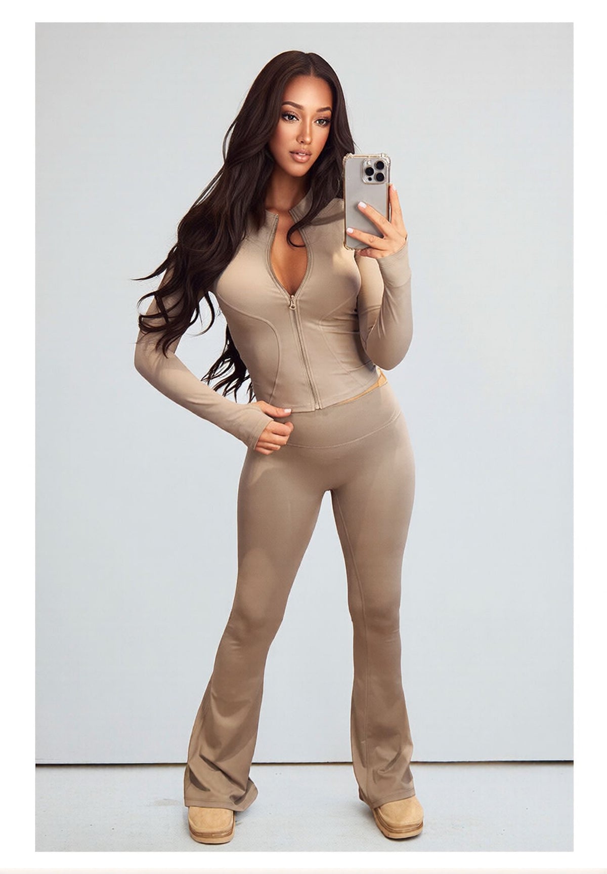 Beige Contour Sculpt Flare Trousers and Zip Sports Jacket Gym Co-Ord