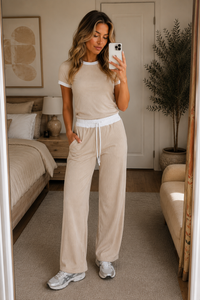 Beige Contrast Trim Lounge Co-Ord Set Ribbed Crop Top & Wide Leg Trousers Casual Two Piece