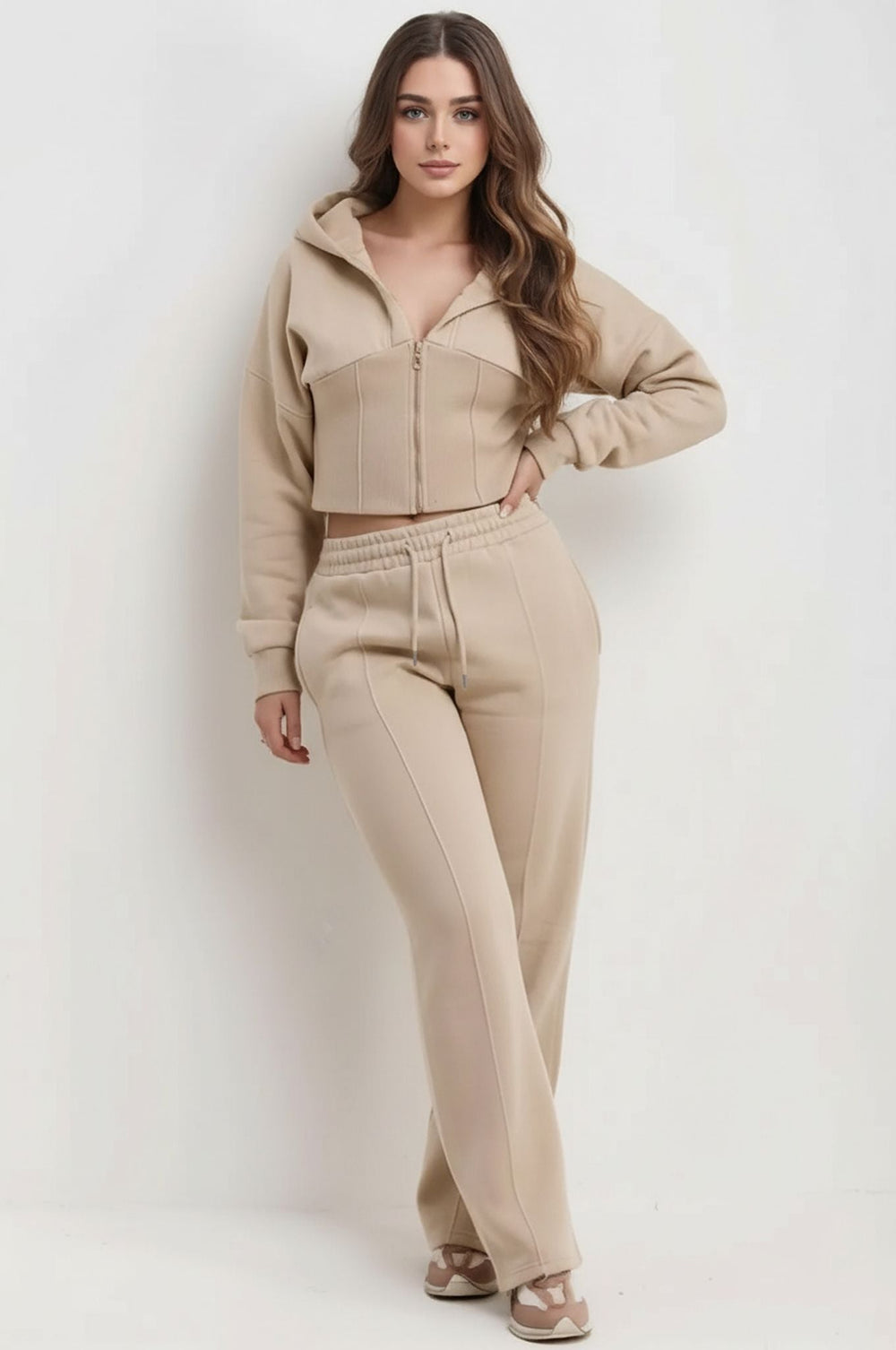 Beige Corset Cropped Zip-Up Hoodie & Wide Leg Joggers Loungewear Set