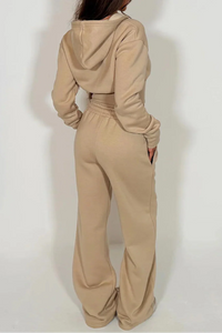 Beige Cropped Hoodie and Jogger Fleece Loungewear Co-Ord