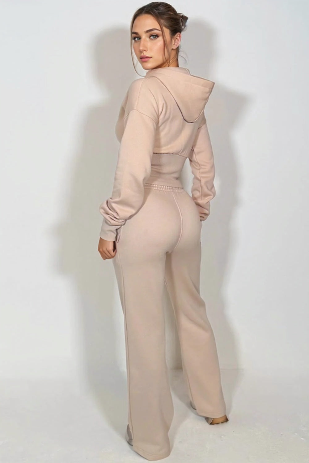 Beige Cropped Zip Up Sweatshirt & Wide Leg Joggers Loungewear Tracksuit