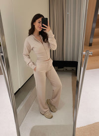 Beige Cropped Zip Up Sweatshirt & Wide Leg Joggers Loungewear Tracksuit