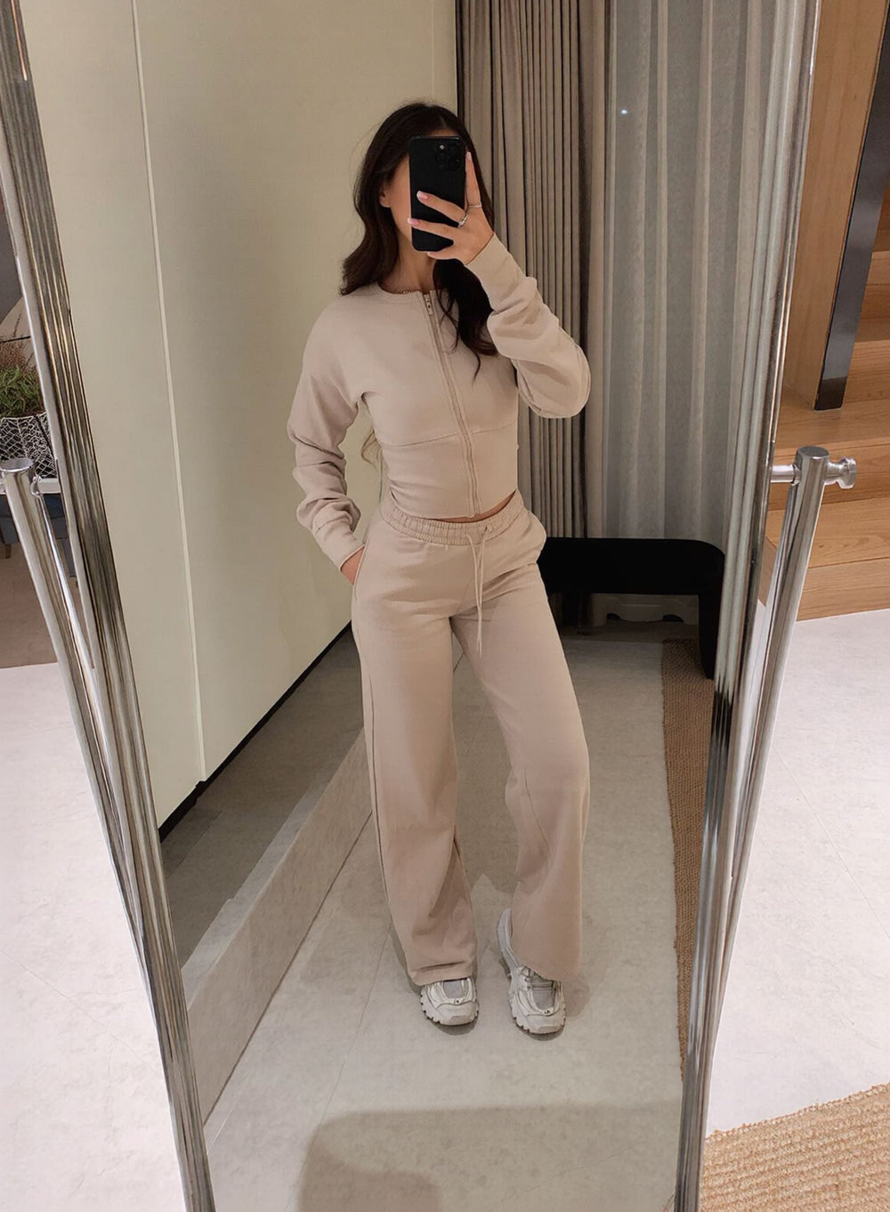 Beige Cropped Zip Up Sweatshirt & Wide Leg Joggers Loungewear Tracksuit