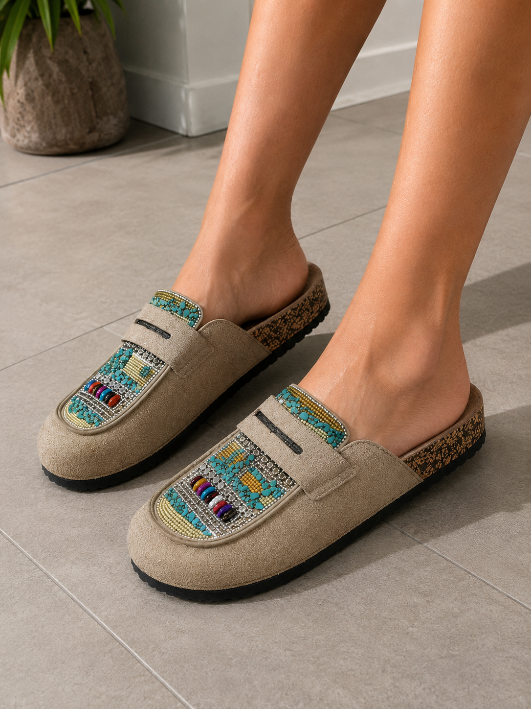 Beige Embellished Clog Mules Comfortable Slip-On Footbed Shoes