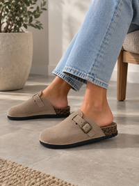 Beige Faux Suede Buckle Comfort Slip-On Mules Cork Footbed Casual Clogs