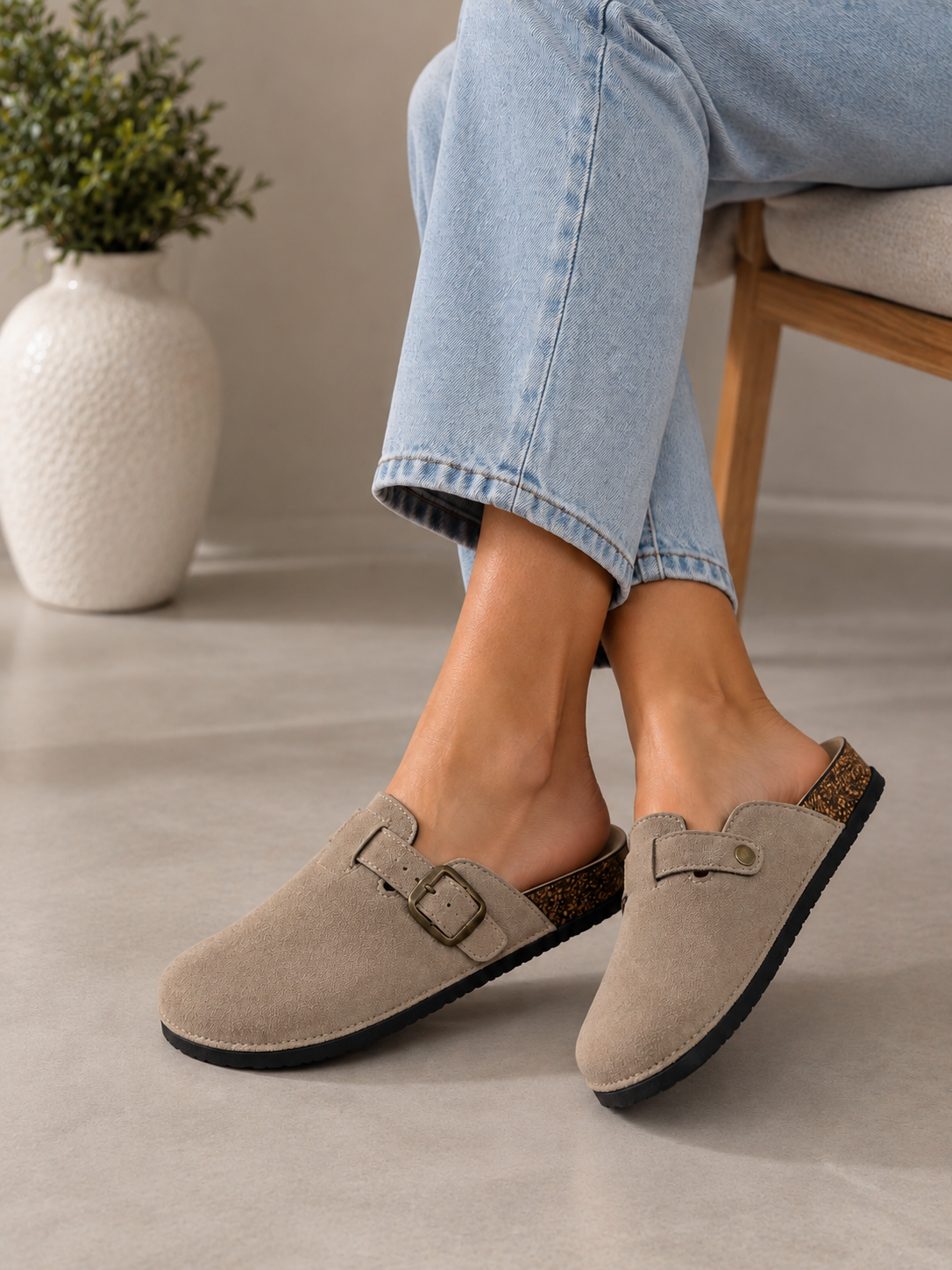 Beige Faux Suede Buckle Comfort Slip-On Mules Cork Footbed Casual Clogs