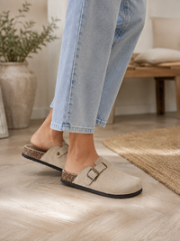 Beige Faux Suede Buckle Comfort Slip-On Mules Cork Footbed Casual Clogs