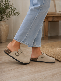 Beige Faux Suede Buckle Comfort Slip-On Mules Cork Footbed Casual Clogs