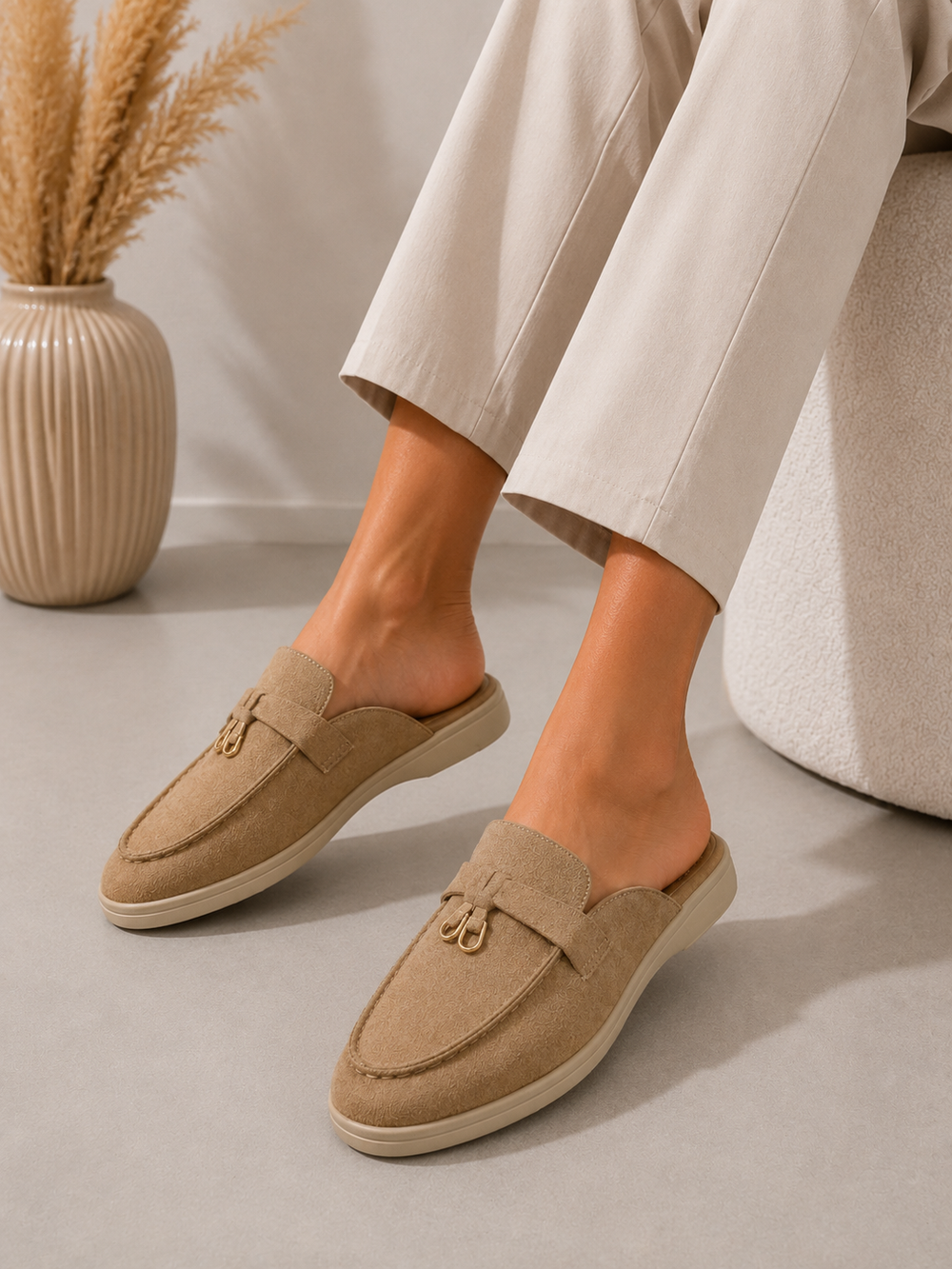 Beige Faux Suede Mule Loafers Trendy Slip On Flat Shoes