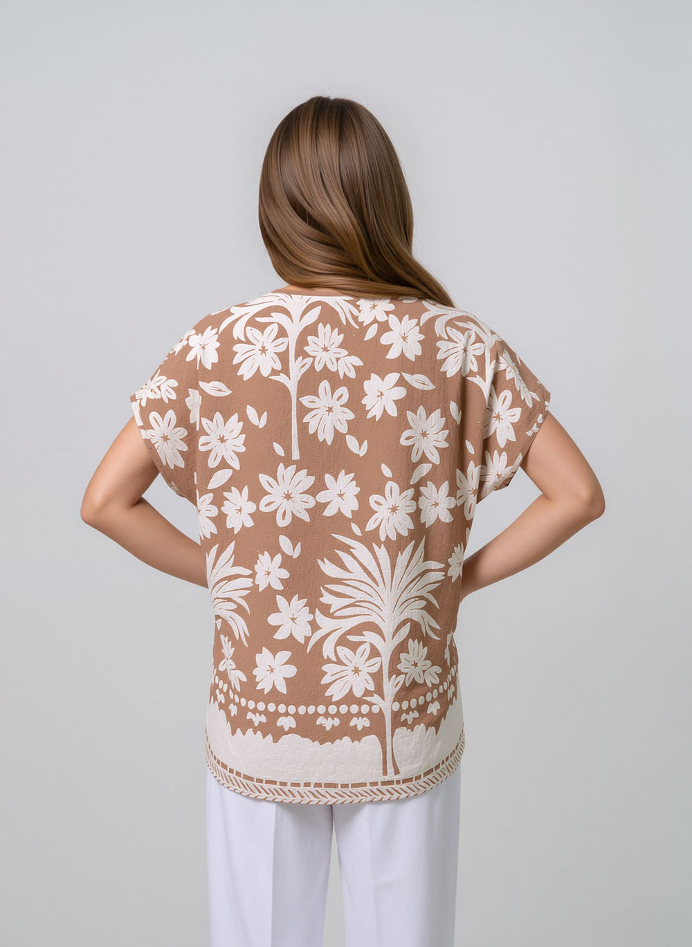 Beige Floral Print Oversized Blouse Lightweight Casual Summer Cotton Rich Top