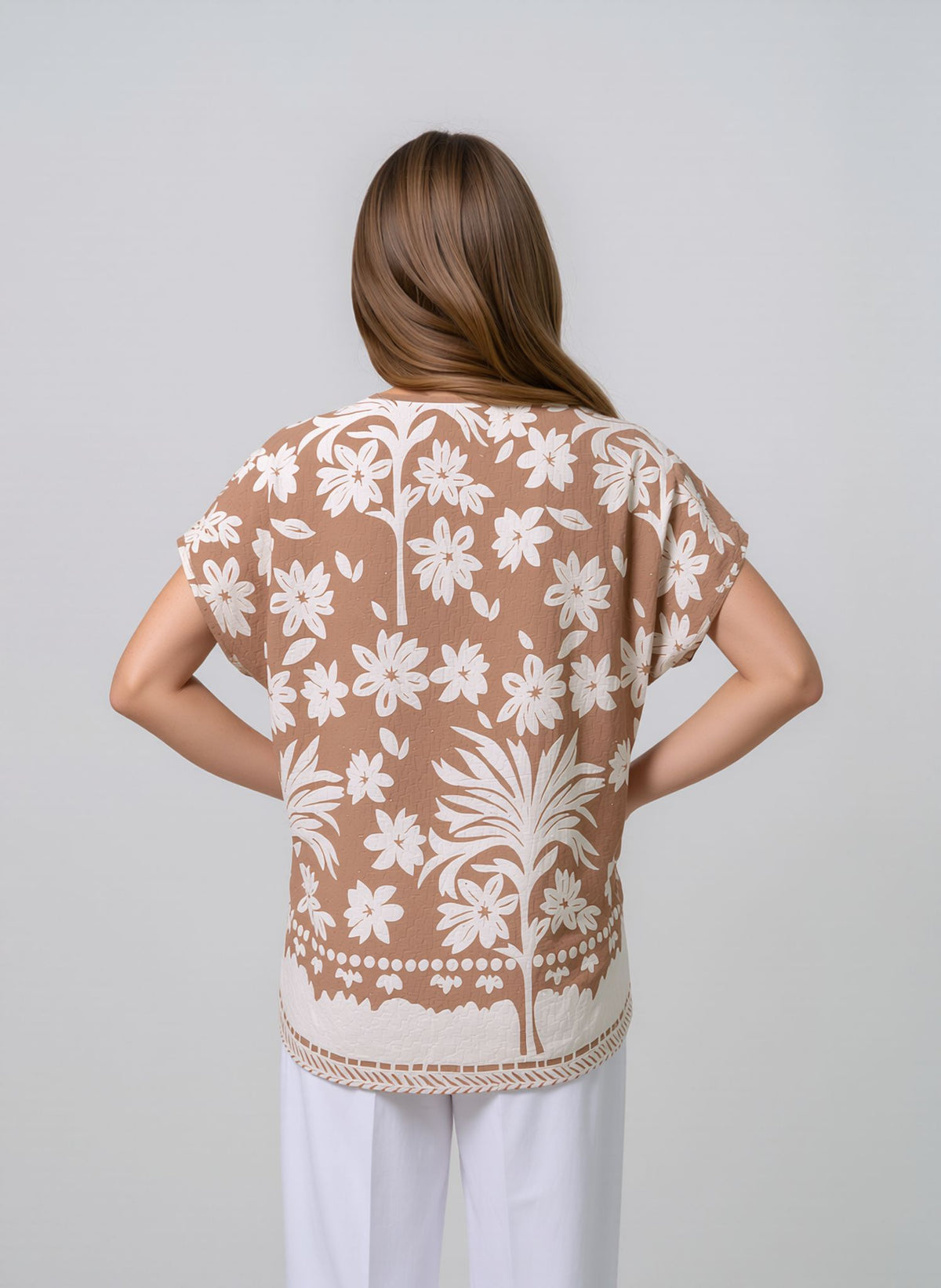 Beige Floral Print Oversized Blouse Lightweight Casual Summer Cotton Rich Top