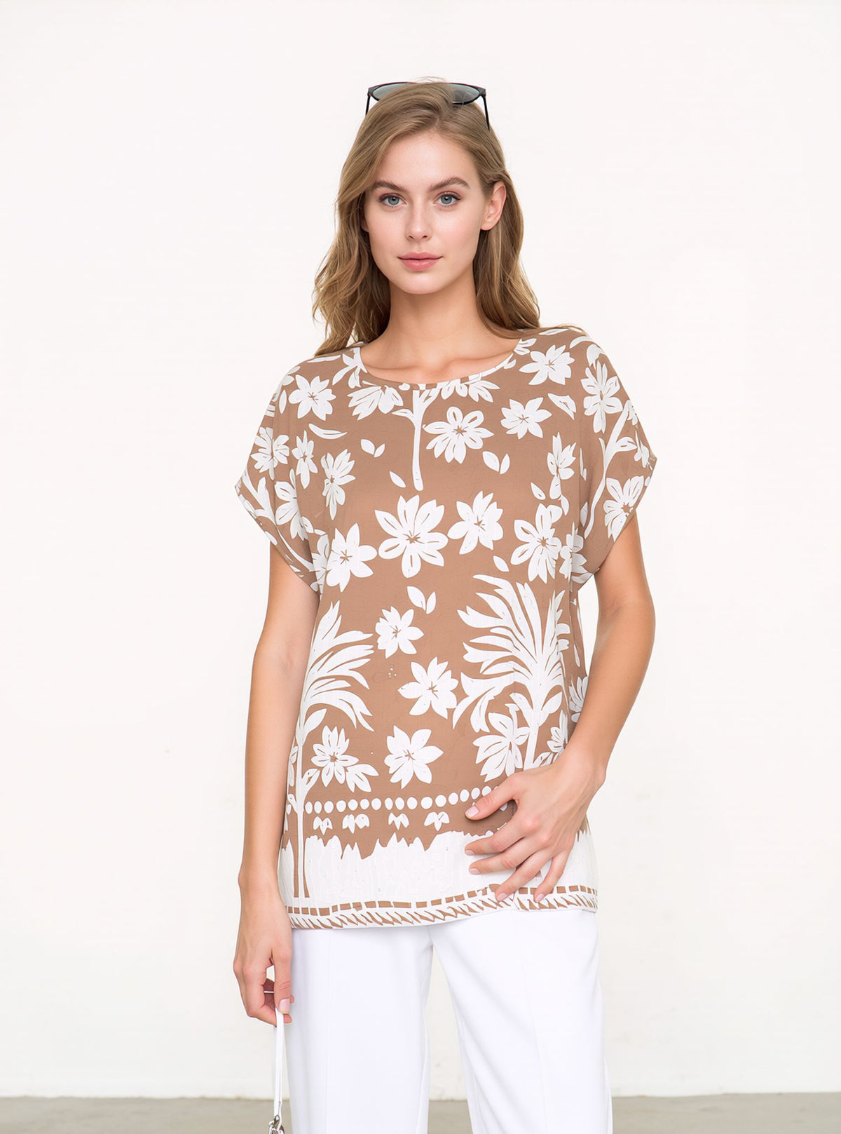 Beige Floral Print Oversized Blouse Lightweight Casual Summer Cotton Rich Top
