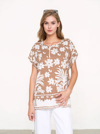 Beige Floral Print Oversized Blouse Lightweight Casual Summer Cotton Rich Top