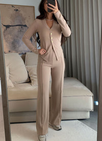 Beige Gold Button Front Long Sleeve Top & Straight Leg Pants Co-ord Set