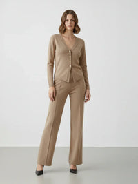 Beige Gold Button Front Long Sleeve Top & Straight Leg Pants Co-ord Set